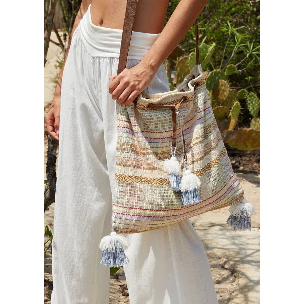 Lovestitch Tan Multicolor Striped Canvas Boho Bag Drawstring Snap Closure